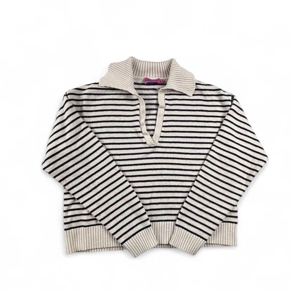 Edikted Striped Cropped Polo Sweater Women’s Size Small Cream Black Knit